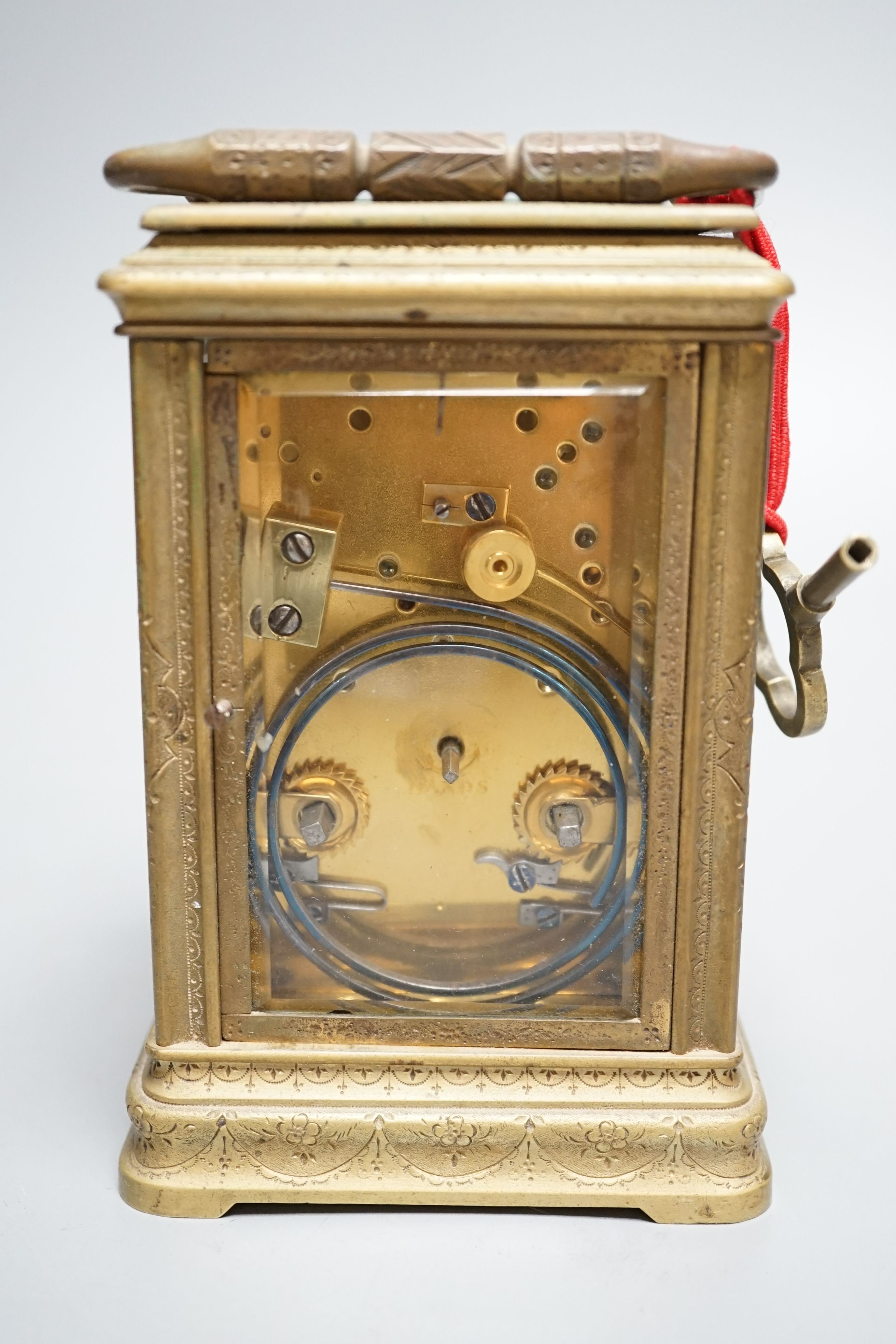 A late 19th century French engraved brass repeating carriage clock